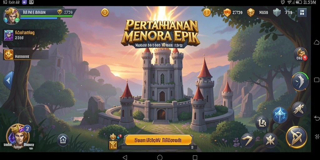 Screenshot game Tower Defense menampilkan menara dan aksi pertarungan.