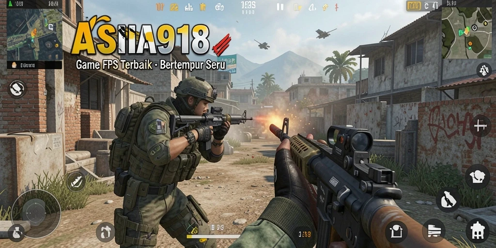 Screenshot utama ASIA918 menampilkan adegan pertempuran seru dalam game FPS.