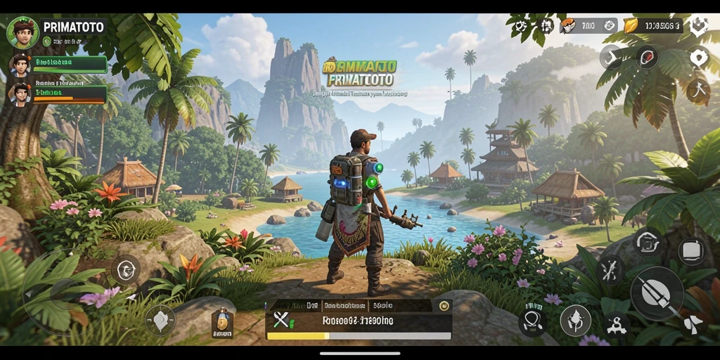 Screenshot gameplay PRIMATOTO menunjukkan pegunungan dan hutan yang indah.