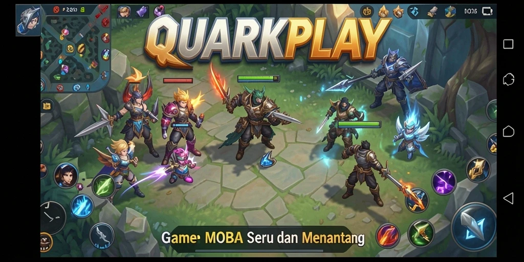 Screenshot menampilkan aksi seru dalam QUARKPLAY dengan karakter bertarung.