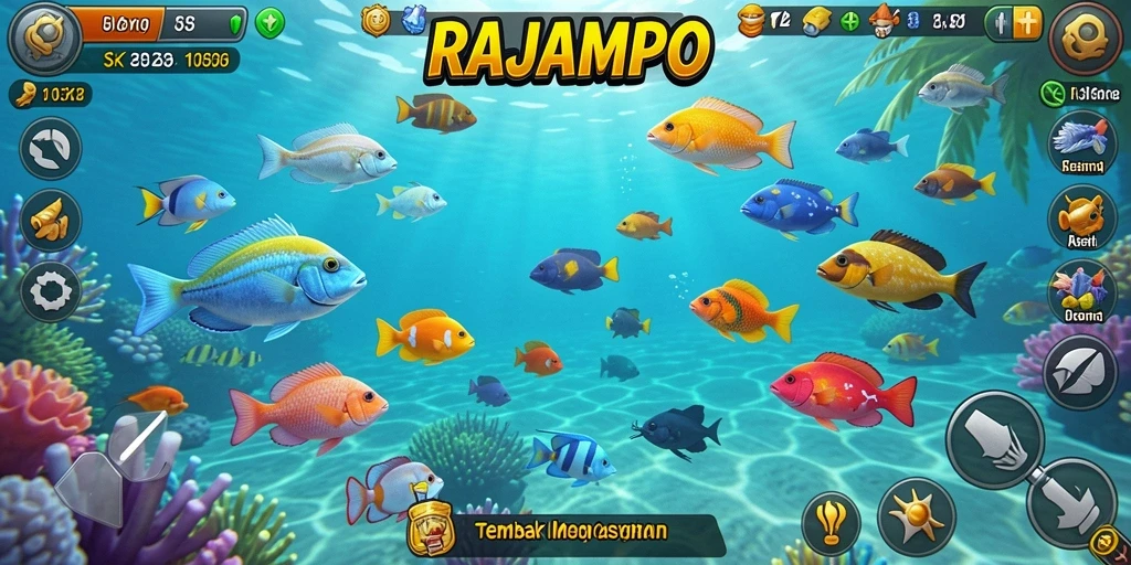 Tampilan gameplay seru dalam RAJAMPO saat menembak ikan.