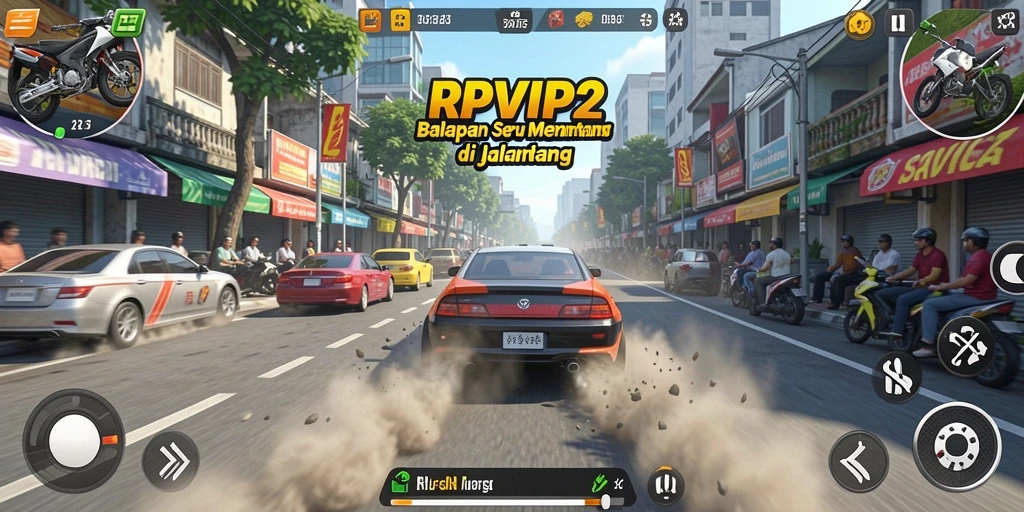 Screenshot RPVIP2 menunjukkan aksi balapan mendebarkan di jalanan.
